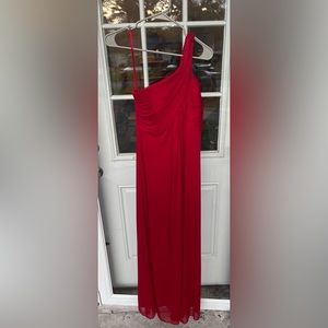 Red one shoulder evening gown